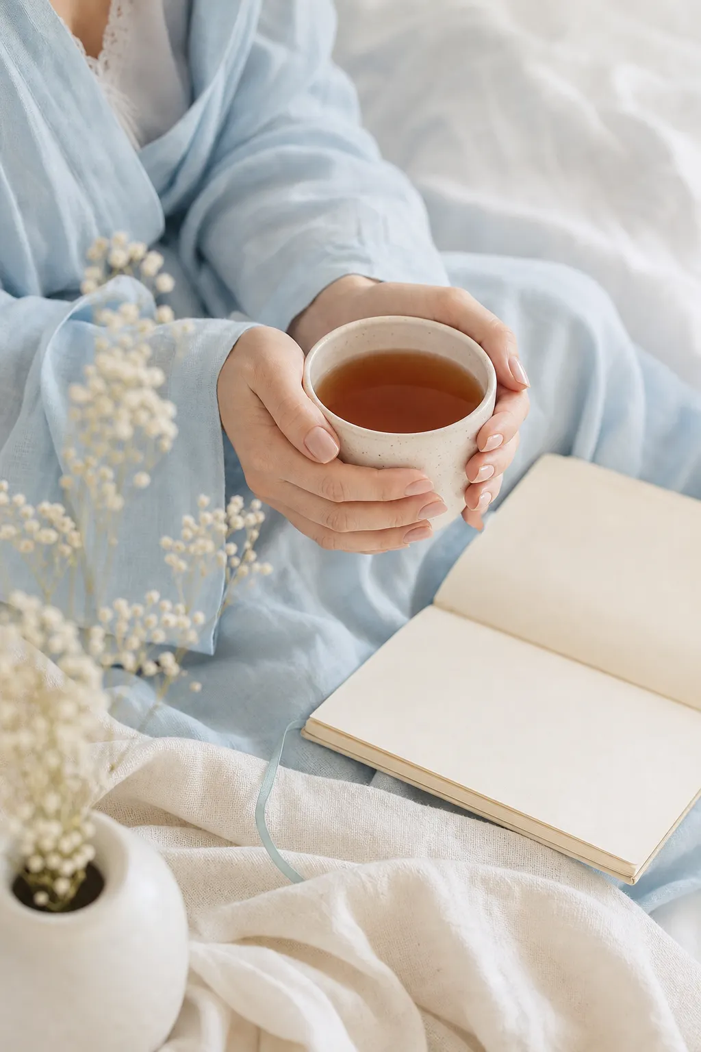 Hands holding tea beside an open journal